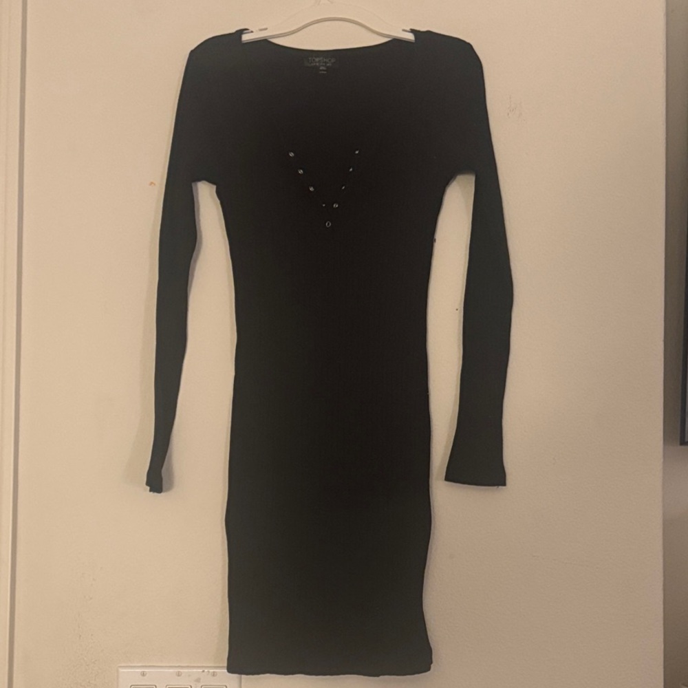 Topshop Black Long Sleeve ribbed short bodycon Dress